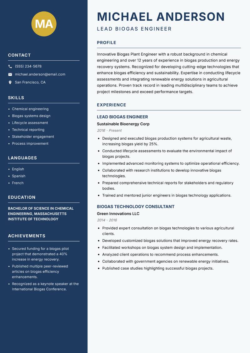 Biogas Plant Engineer resume template — Classic Clean