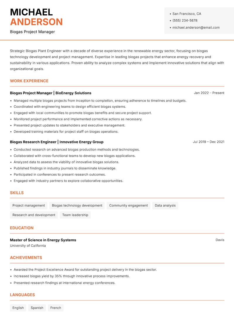 Biogas Plant Engineer resume template — Modern Professional