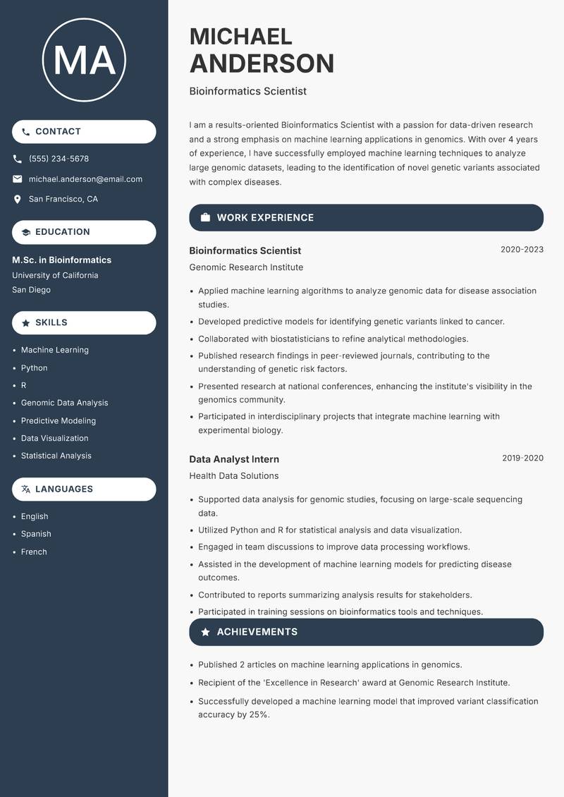 Bioinformatics Scientist resume template — Compact
