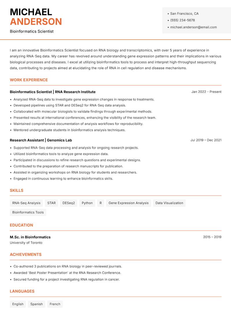 Bioinformatics Scientist resume template — Modern Professional