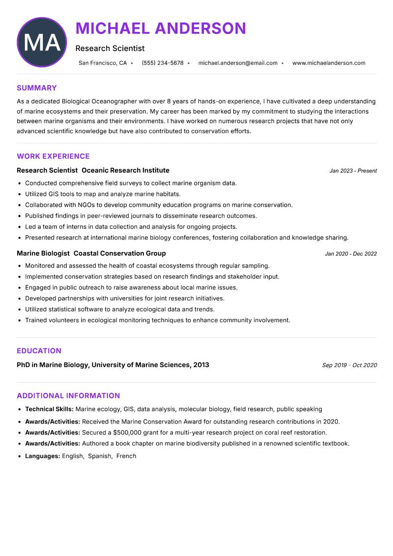 Biological Oceanographer resume example — ATS-friendly template