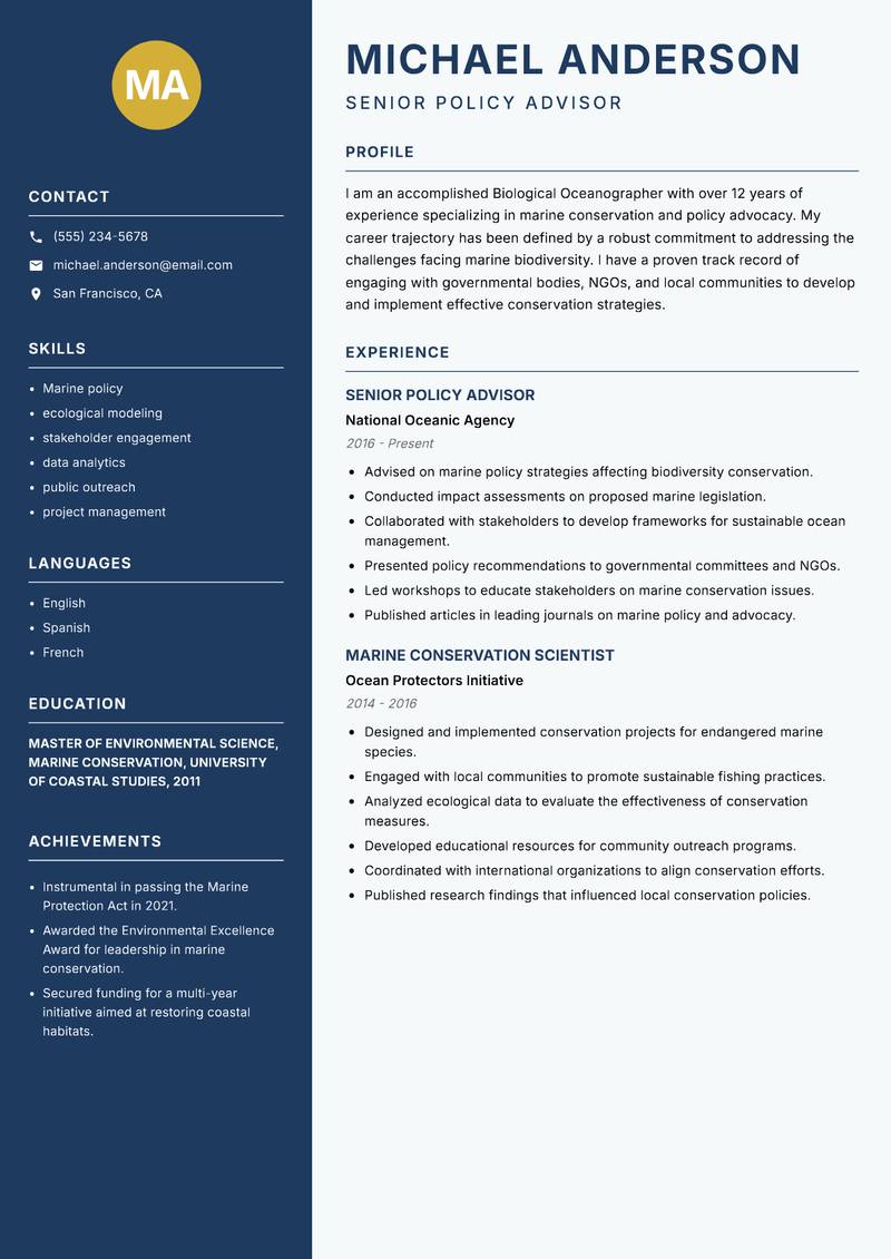 Biological Oceanographer resume template — Classic Clean