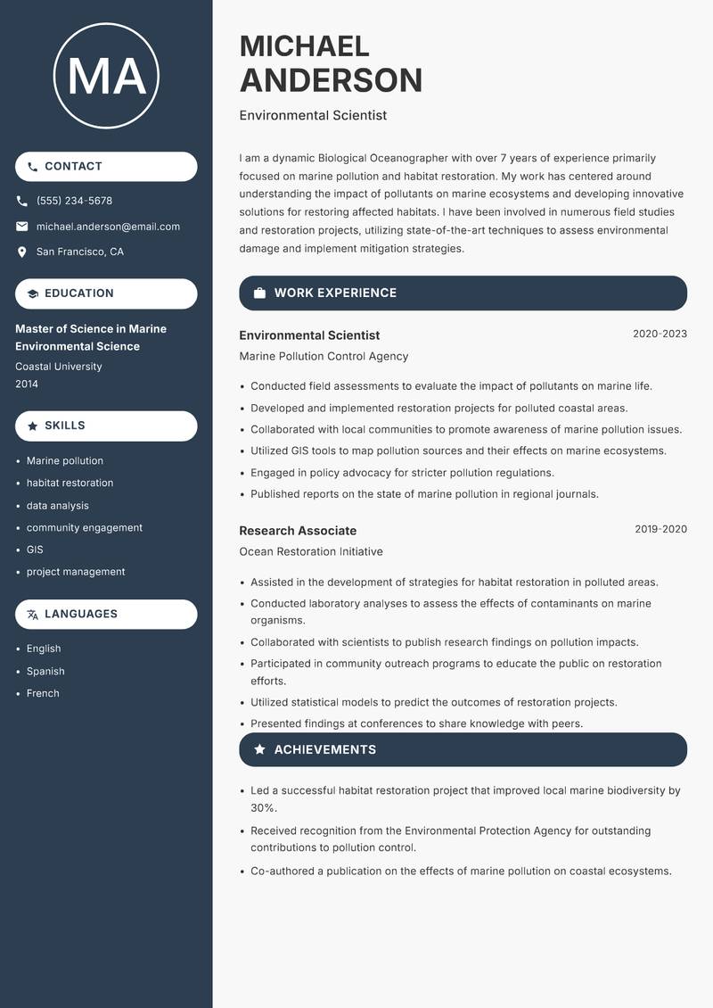 Biological Oceanographer resume template — Compact