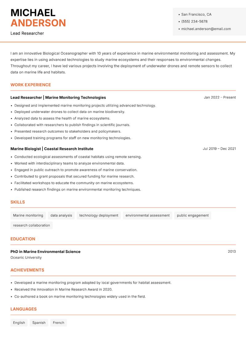 Biological Oceanographer resume template — Modern Professional