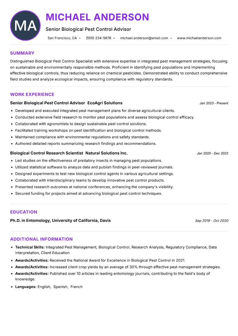 Biological Pest Control Specialist resume example — ATS-friendly template