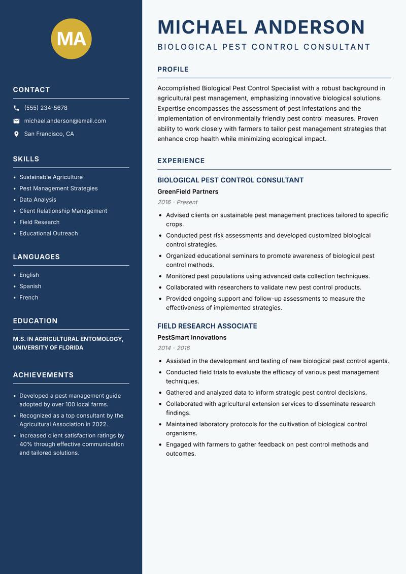 Biological Pest Control Specialist resume template — Classic Clean