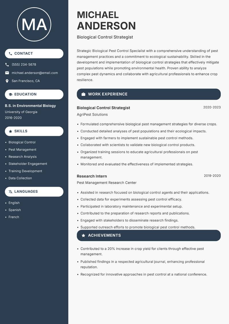 Biological Pest Control Specialist resume template — Compact