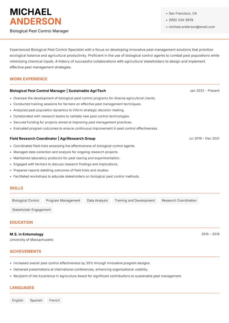 Biological Pest Control Specialist resume template — Modern Professional