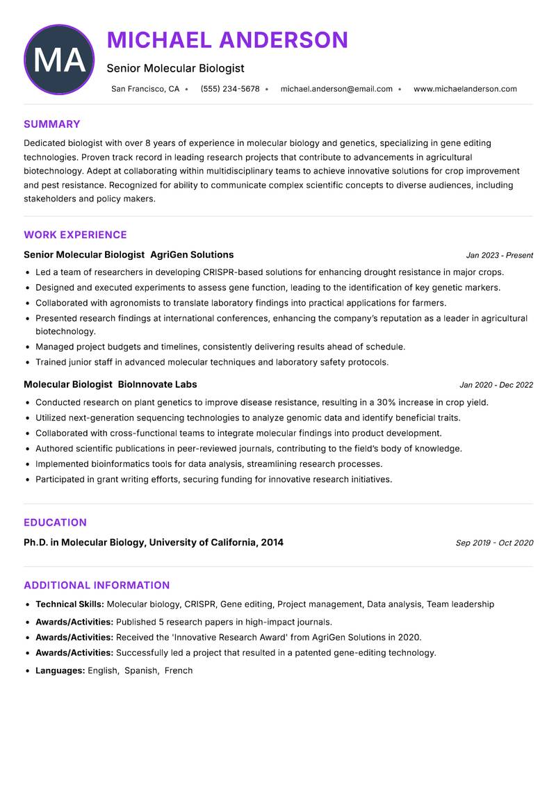 Biologist resume example — ATS-friendly template