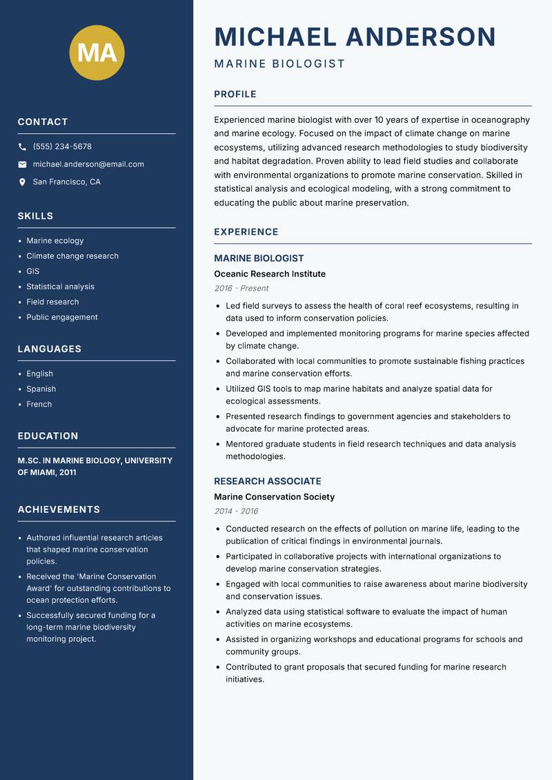 Biologist resume template — Classic Clean