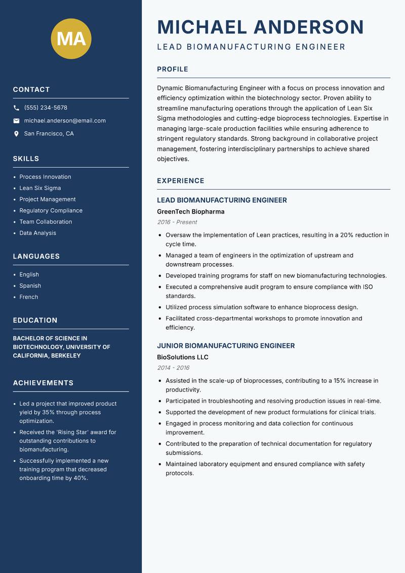 Biomanufacturing Engineer resume template — Classic Clean