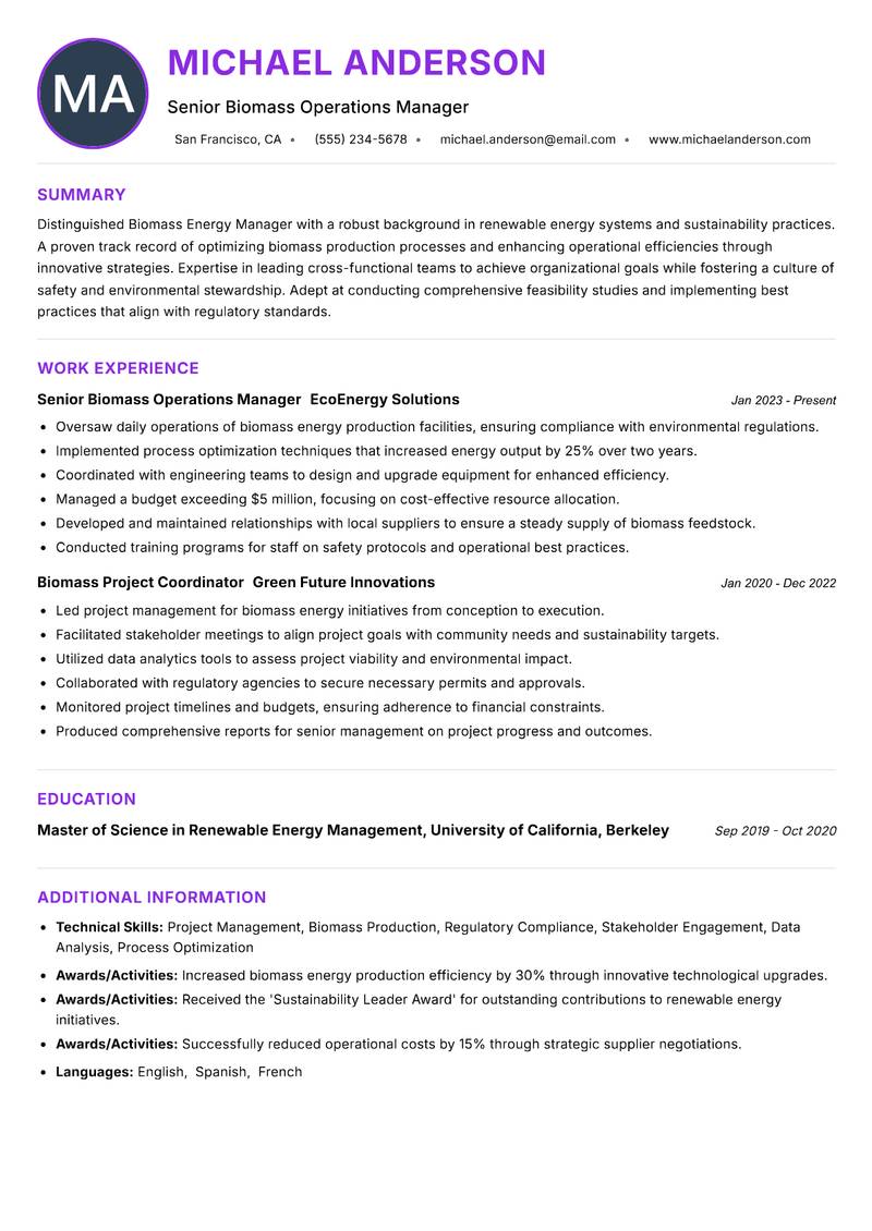 Biomass Energy Manager resume example — ATS-friendly template
