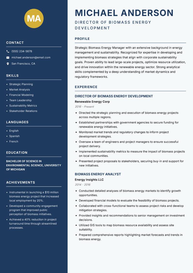 Biomass Energy Manager resume template — Classic Clean