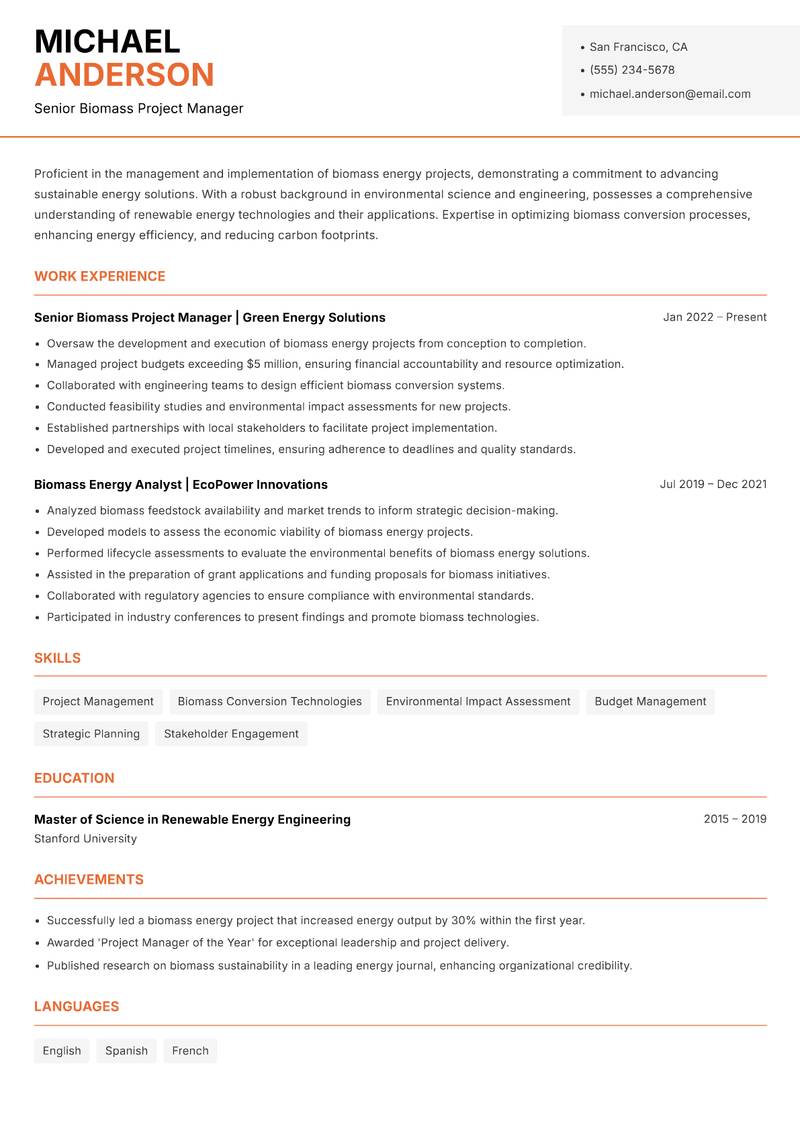 Biomass Energy Manager resume template — Modern Professional
