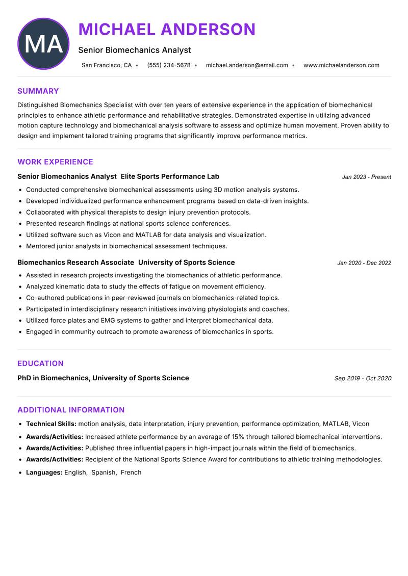 Biomechanics Specialist resume example — ATS-friendly template