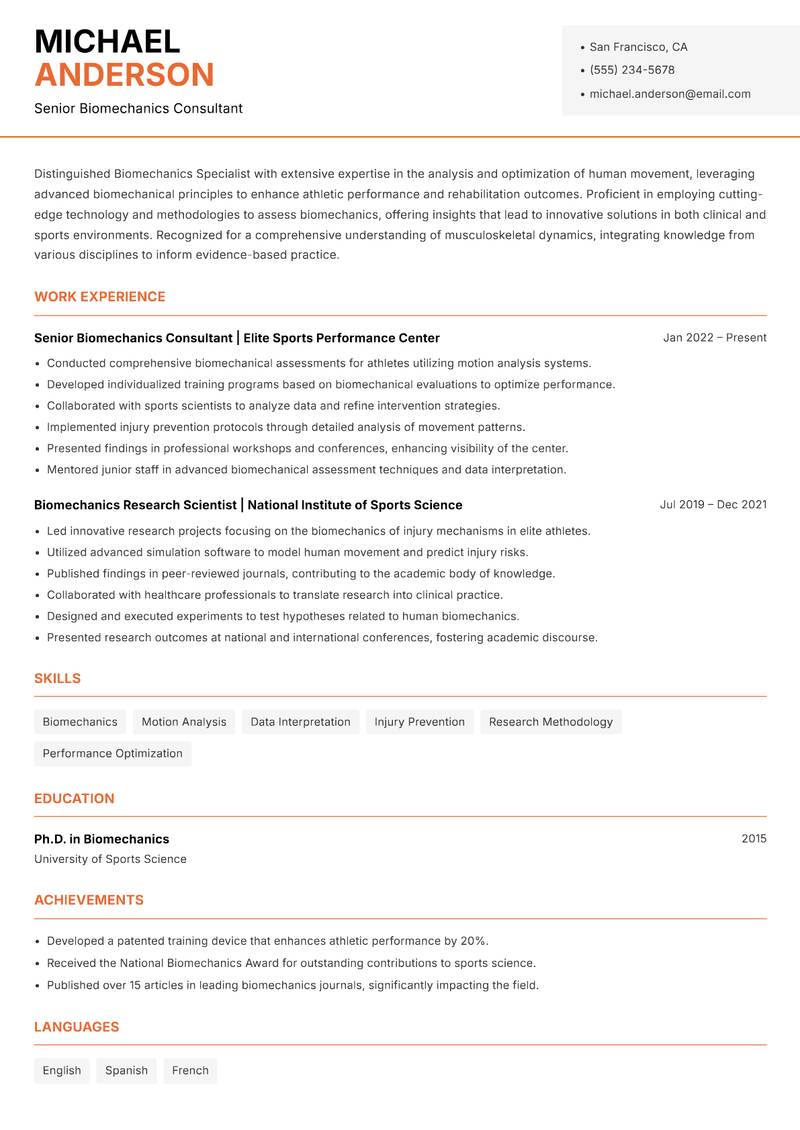 Biomechanics Specialist resume template — Modern Professional