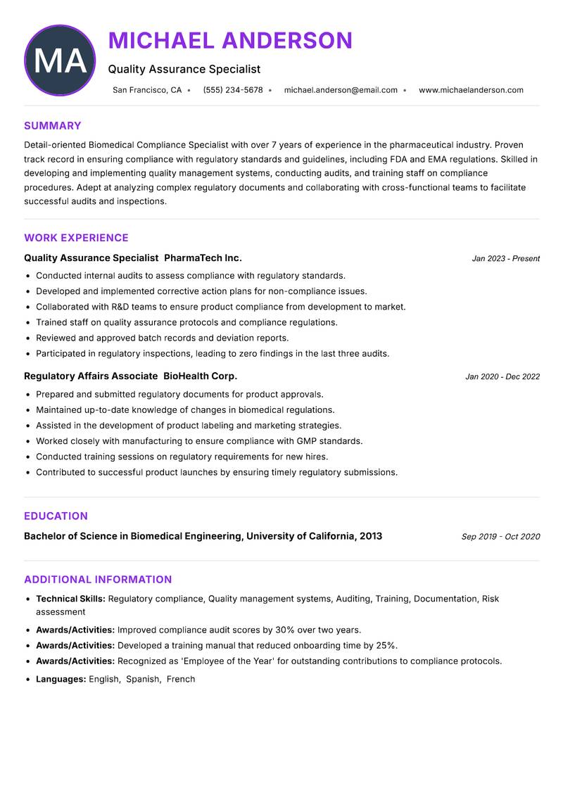 Biomedical Compliance Specialist resume example — Biomedical Sciences