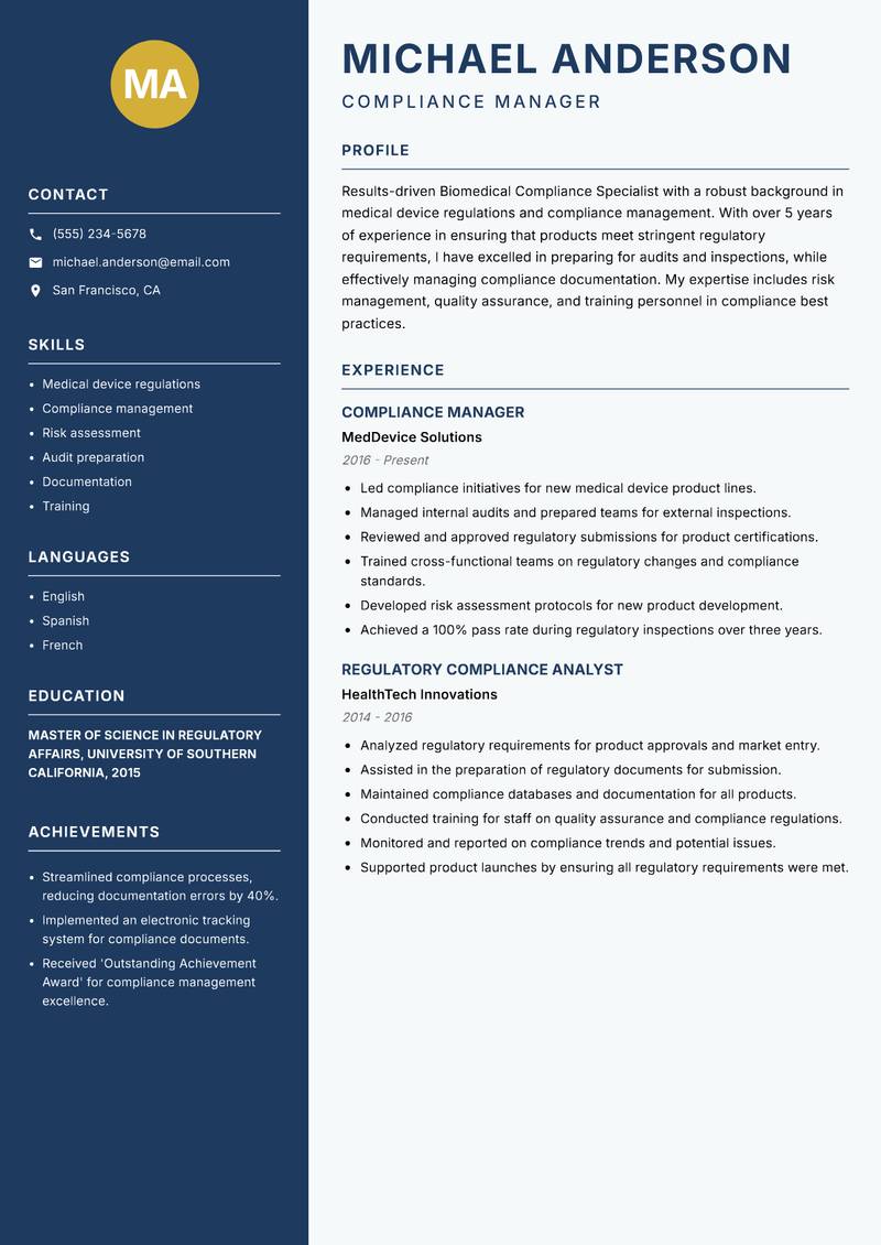 Biomedical Compliance Specialist resume template — Classic Clean