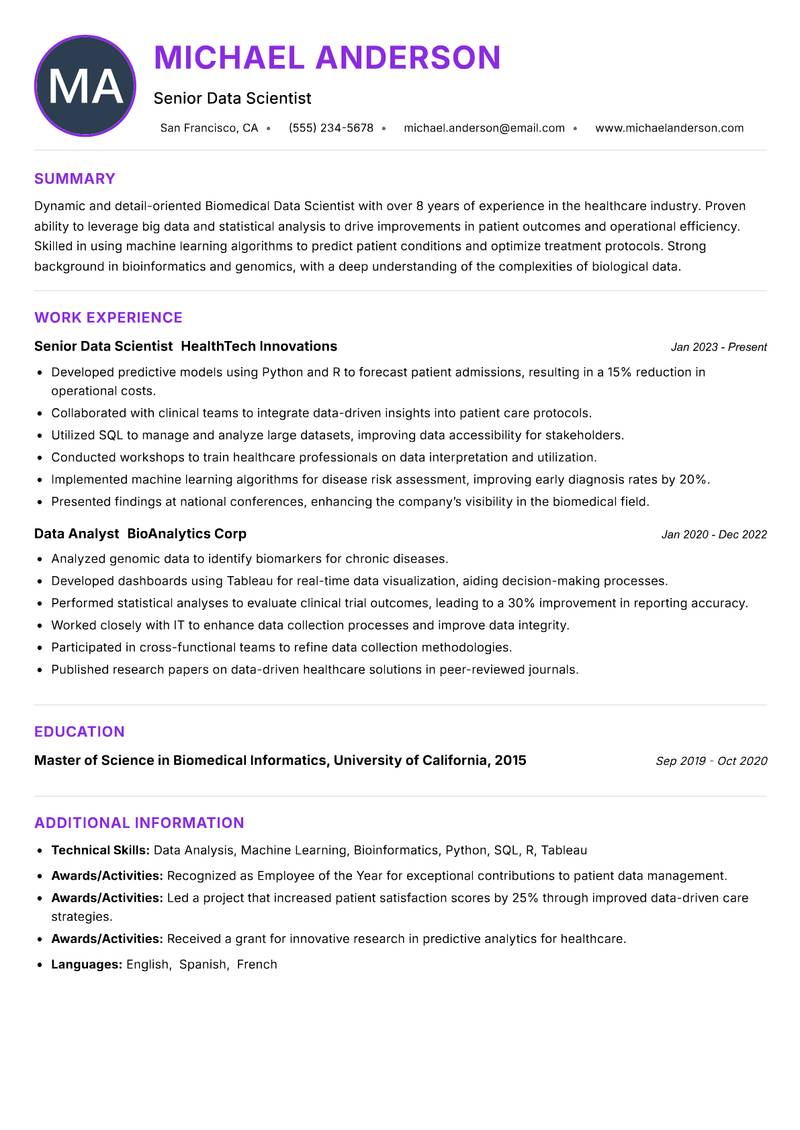 Biomedical Data Scientist resume example — ATS-friendly template