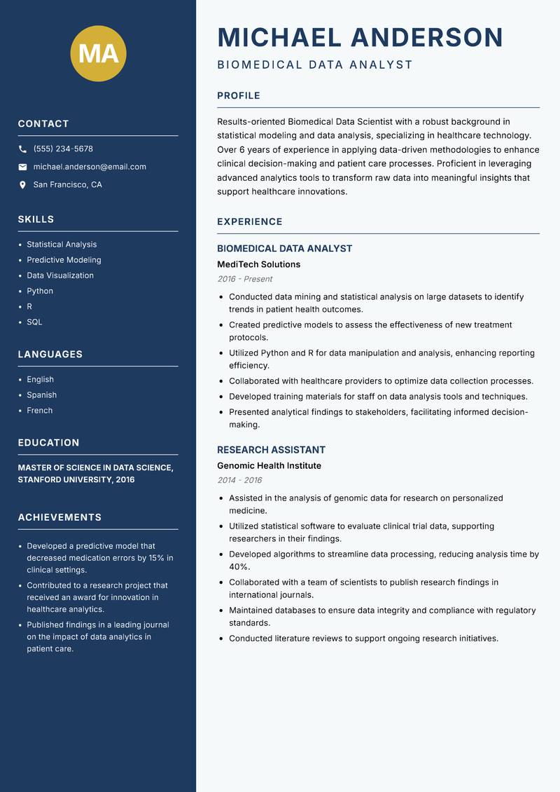 Biomedical Data Scientist resume template — Classic Clean