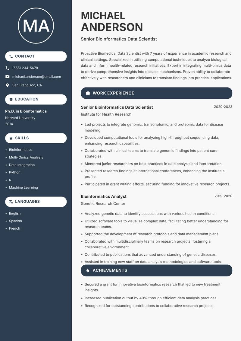 Biomedical Data Scientist resume template — Compact
