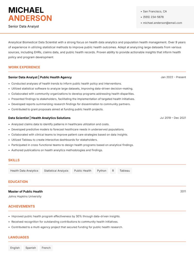 Biomedical Data Scientist resume template — Modern Professional
