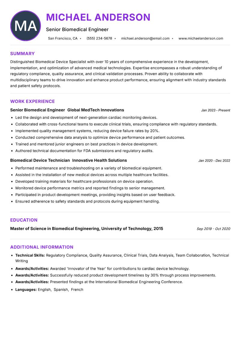 Biomedical Device Specialist resume example — ATS-friendly template