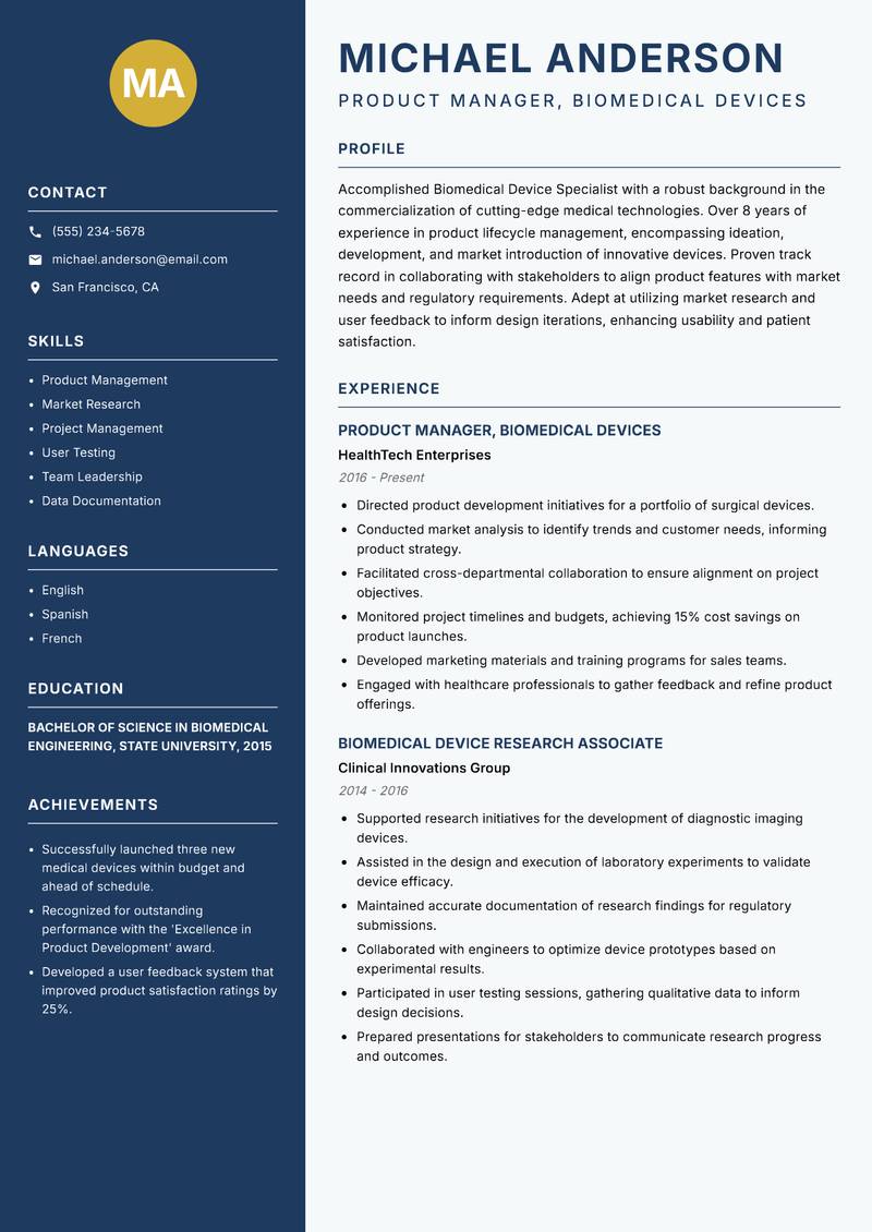 Biomedical Device Specialist resume template — Classic Clean