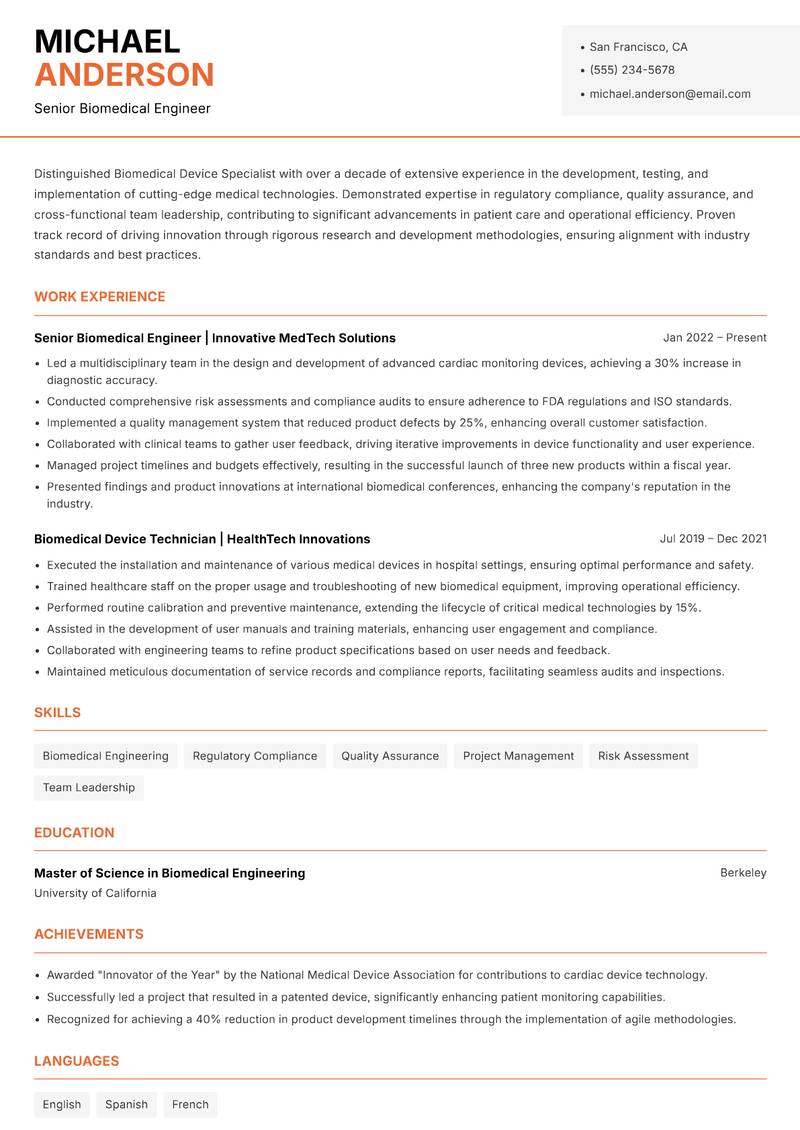 Biomedical Device Specialist resume template — Modern Professional