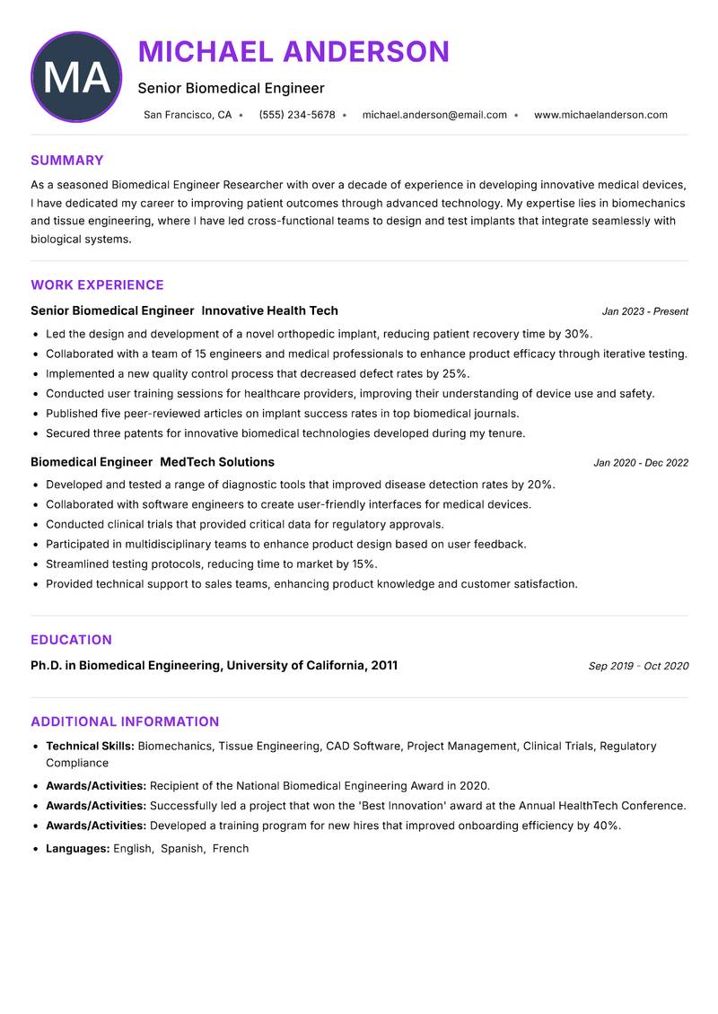Biomedical Engineer Researcher resume example — ATS-friendly template