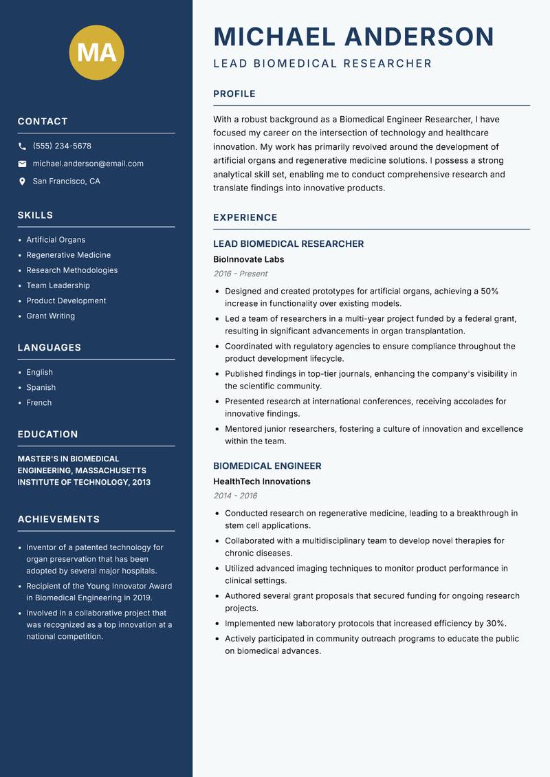 Biomedical Engineer Researcher resume template — Classic Clean