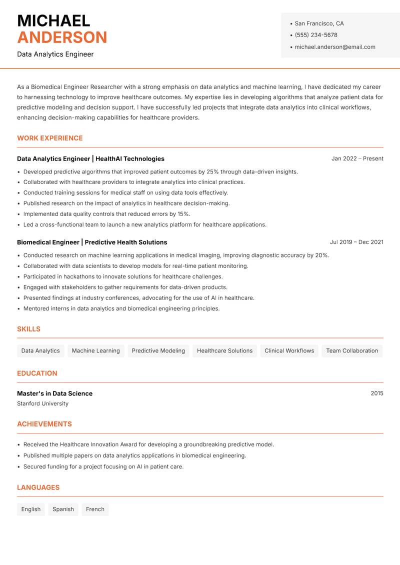 Biomedical Engineer Researcher resume template — Modern Professional