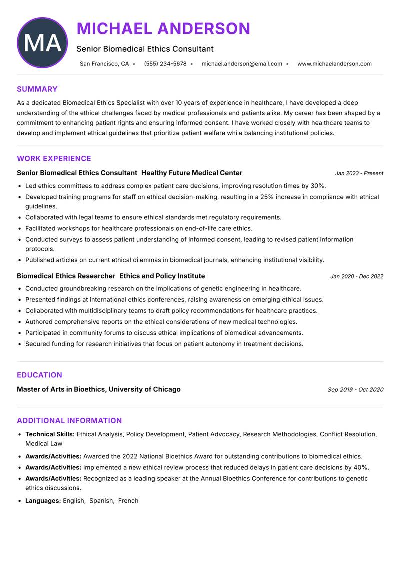 Biomedical Ethics Specialist resume example — ATS-friendly template