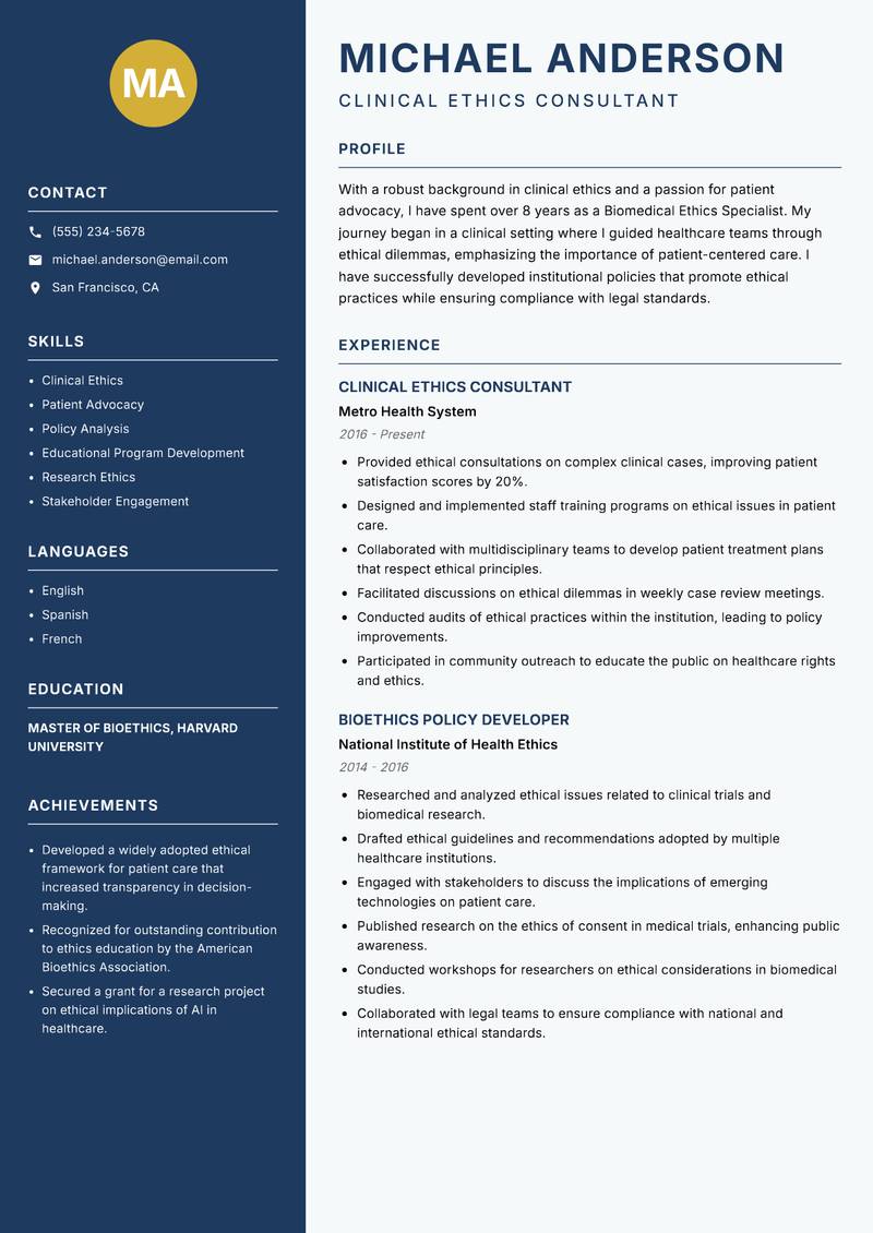 Biomedical Ethics Specialist resume template — Classic Clean