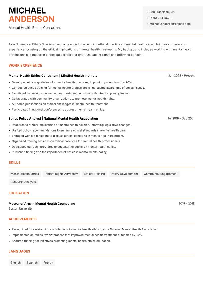 Biomedical Ethics Specialist resume template — Modern Professional