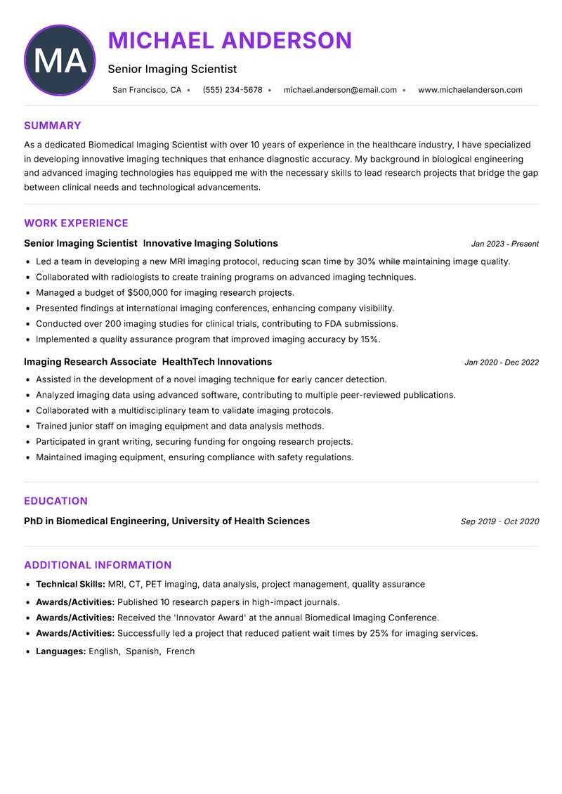 Biomedical Imaging Scientist resume example — ATS-friendly template