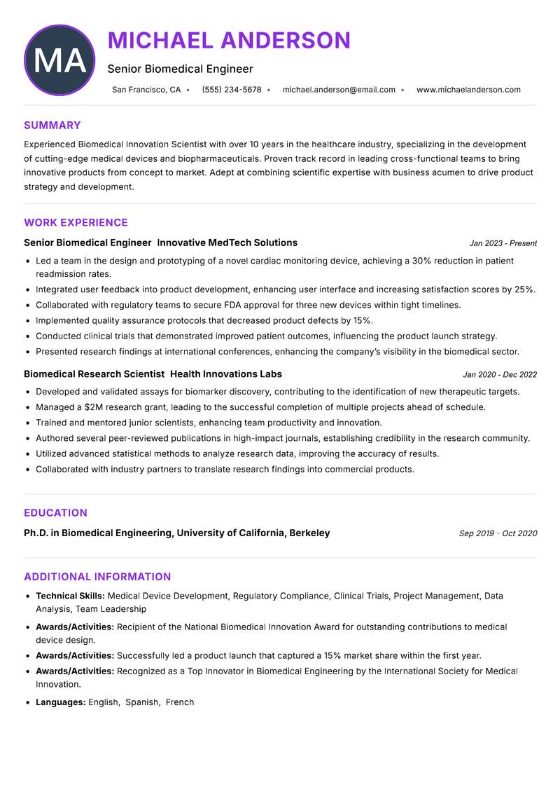Biomedical Innovation Scientist resume example — ATS-friendly template