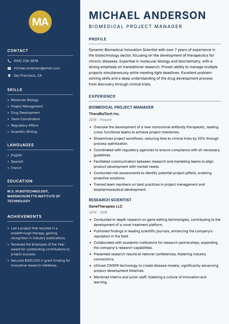 Biomedical Innovation Scientist resume template — Classic Clean