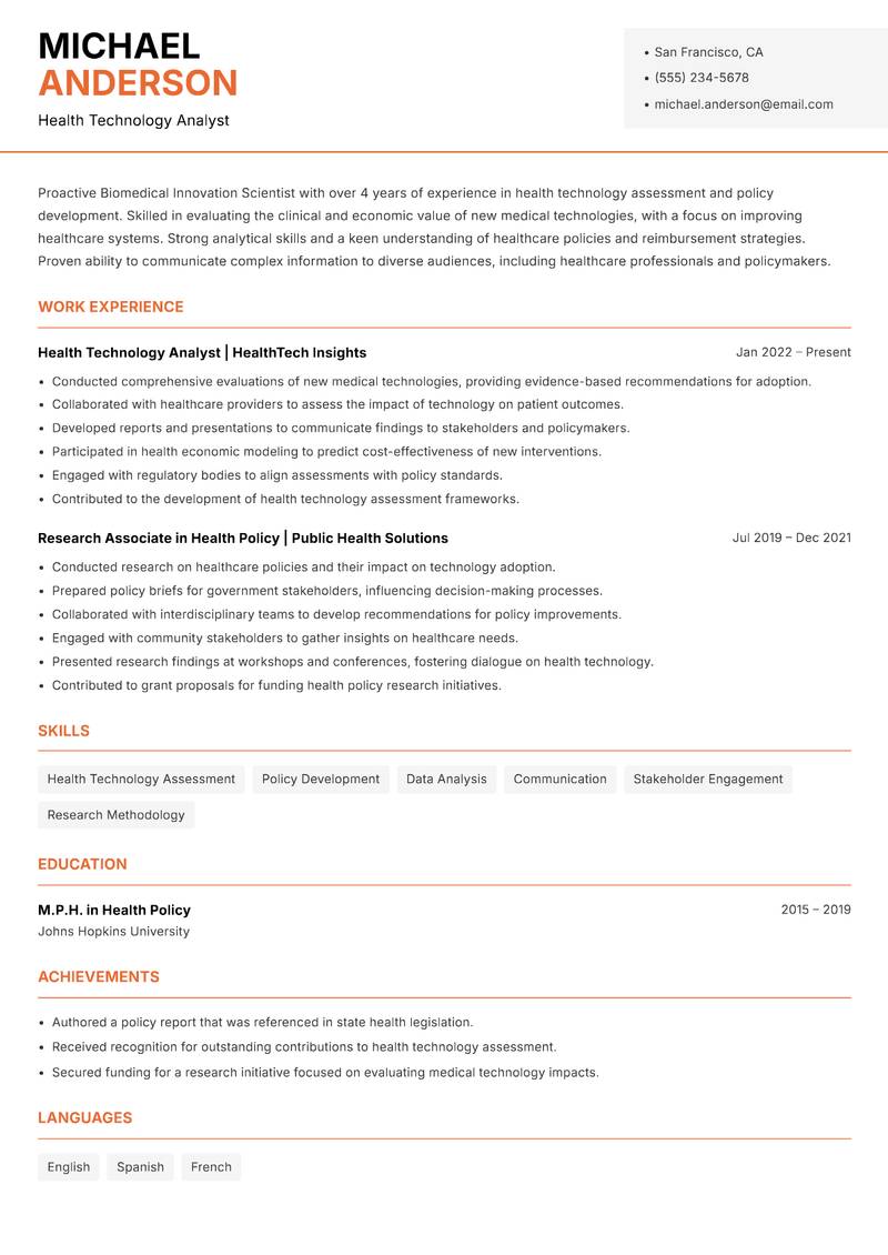 Biomedical Innovation Scientist resume template — Modern Professional
