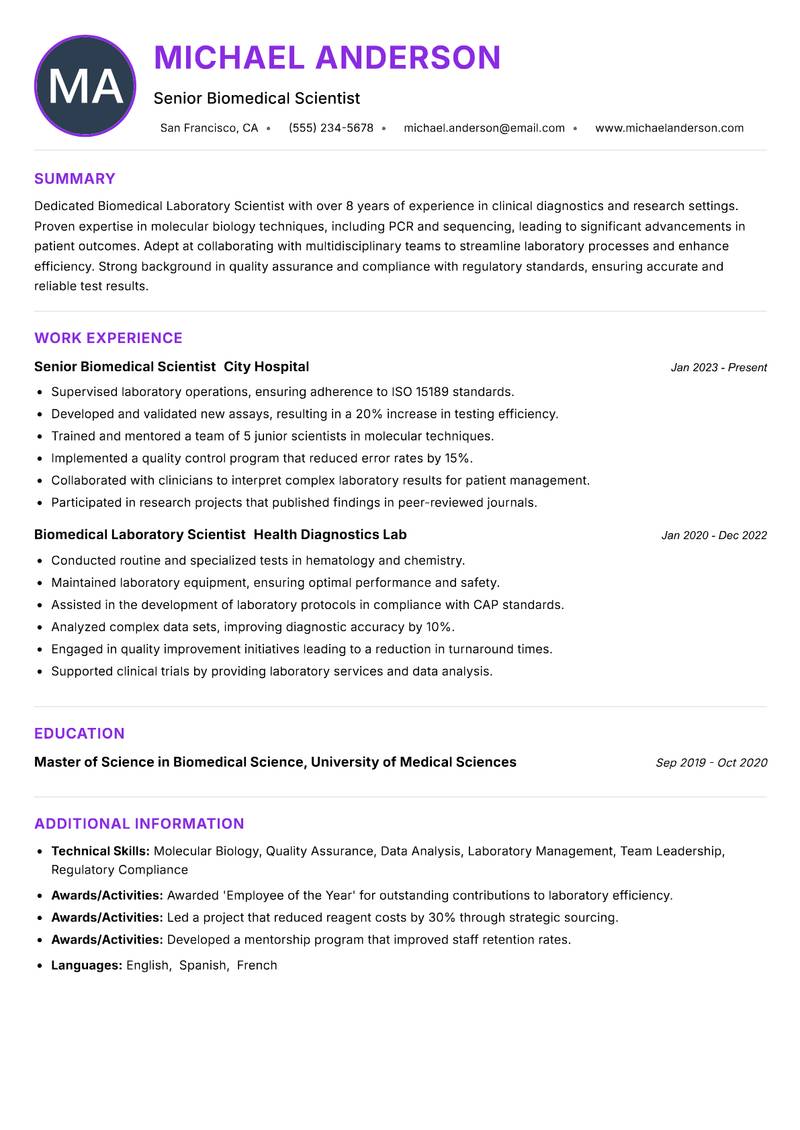 Biomedical Laboratory Scientist resume example — ATS-friendly template