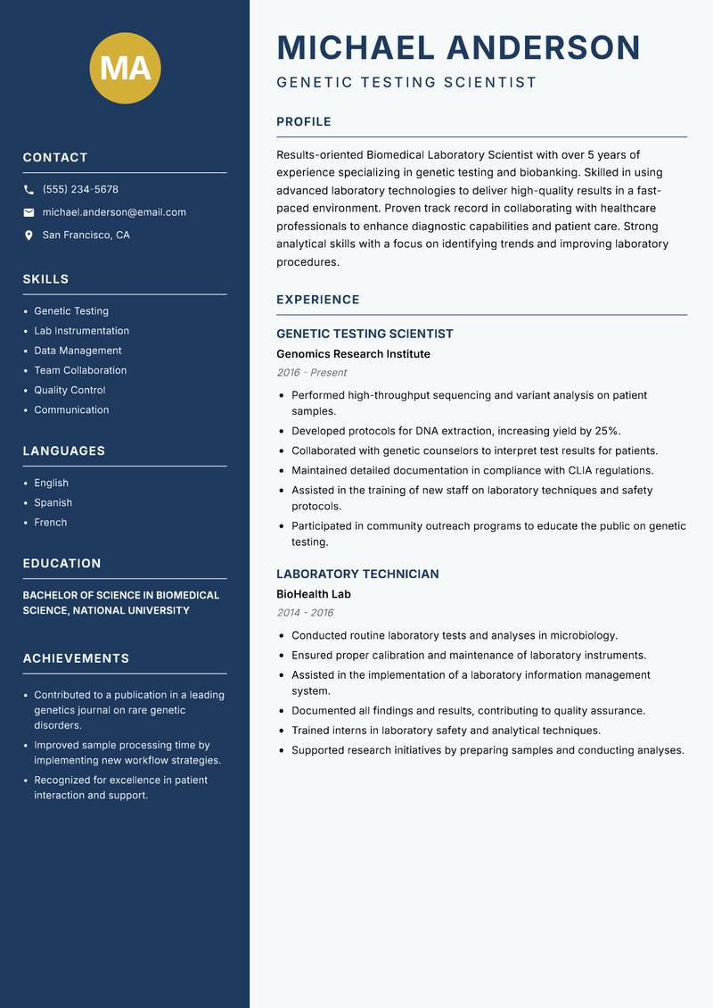 Biomedical Laboratory Scientist resume template — Classic Clean