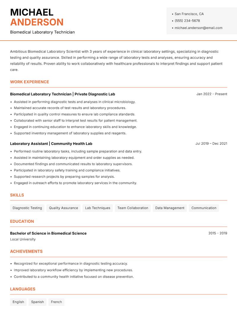 Biomedical Laboratory Scientist resume template — Modern Professional