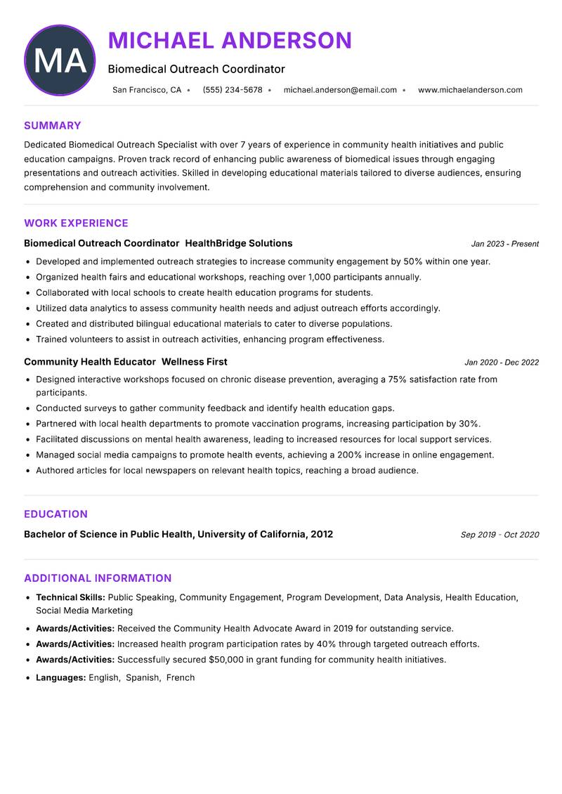 Biomedical Outreach Specialist resume example — ATS-friendly template