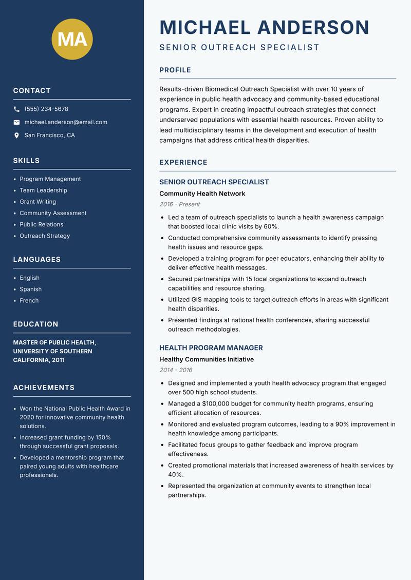 Biomedical Outreach Specialist resume template — Classic Clean