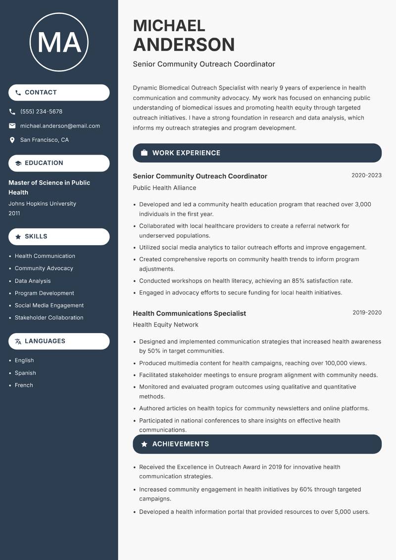 Biomedical Outreach Specialist resume template — Compact