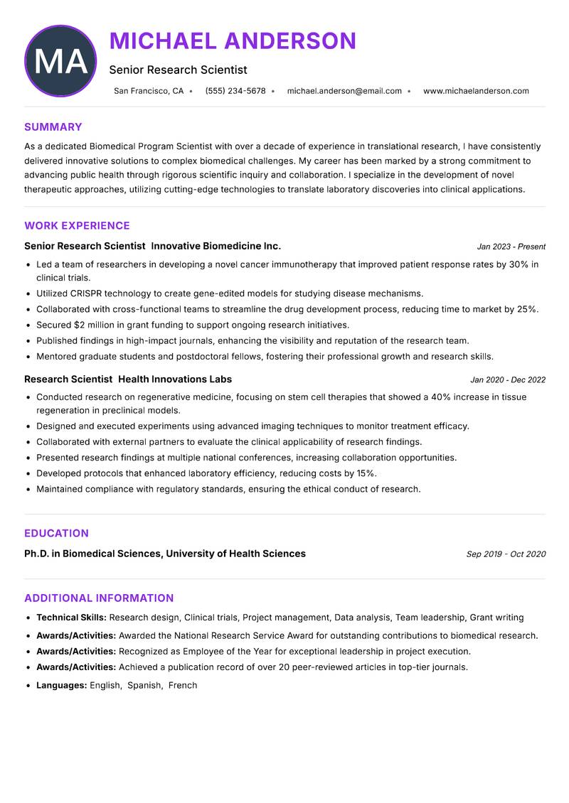 Biomedical Program Scientist resume example — ATS-friendly template