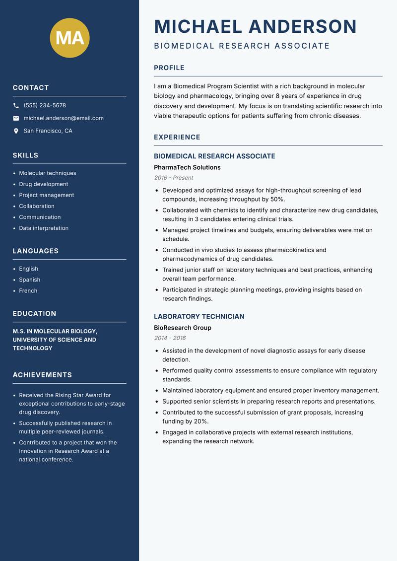 Biomedical Program Scientist resume template — Classic Clean