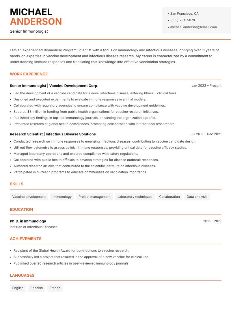 Biomedical Program Scientist resume template — Modern Professional