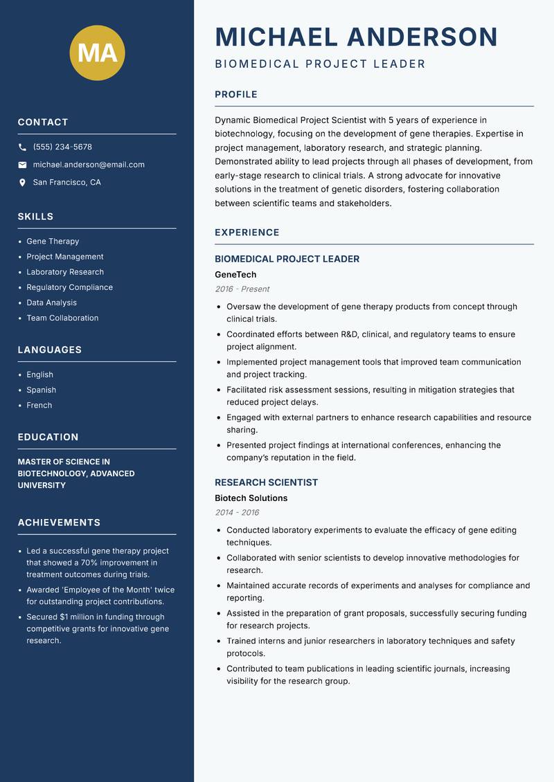 Biomedical Project Scientist resume template — Classic Clean