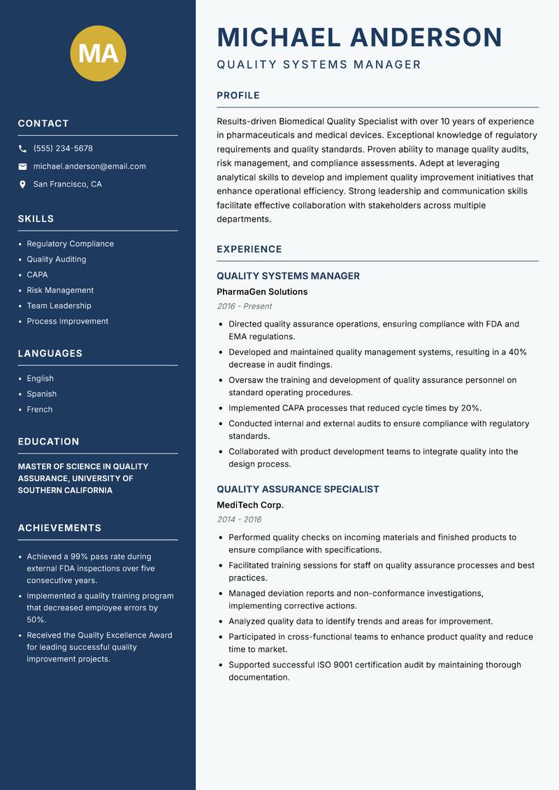 Biomedical Quality Specialist resume template — Classic Clean
